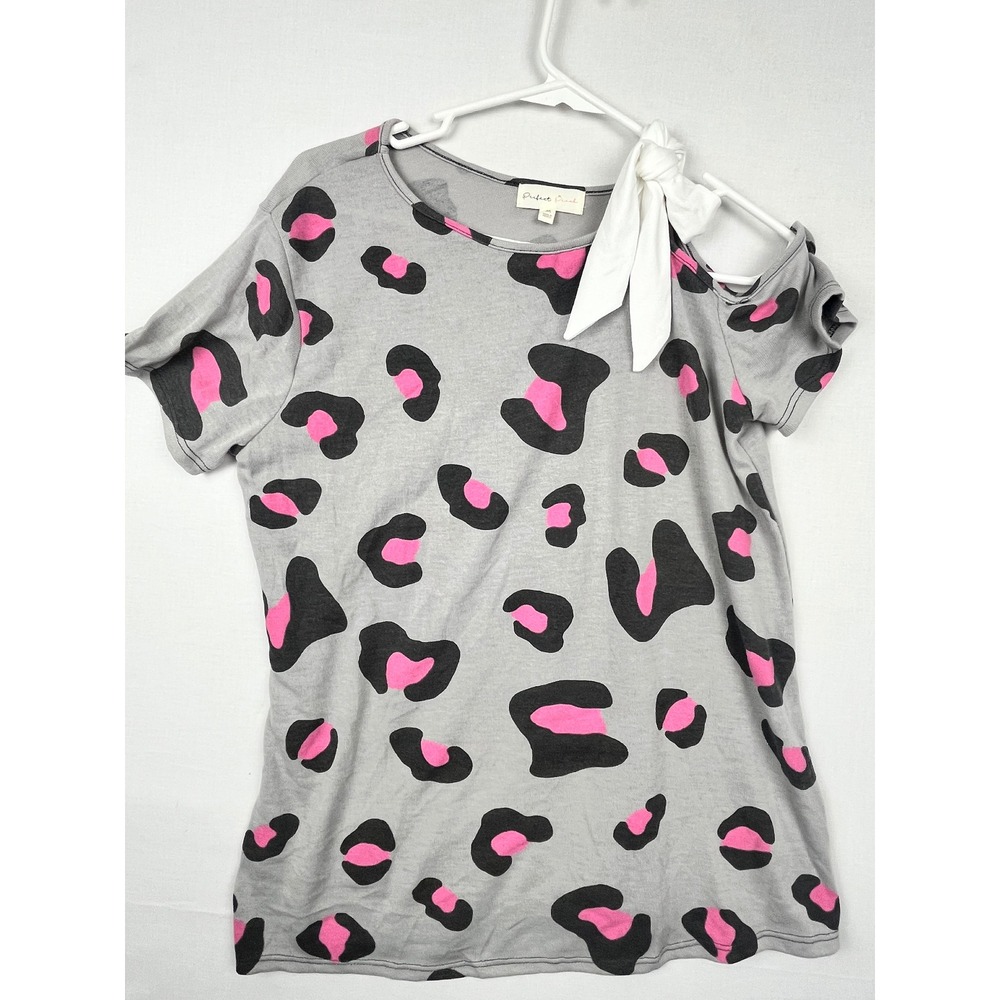 Perfect Peach Leopard Print Cold Shoulder Bow Top Womens Medium  Gray Pink